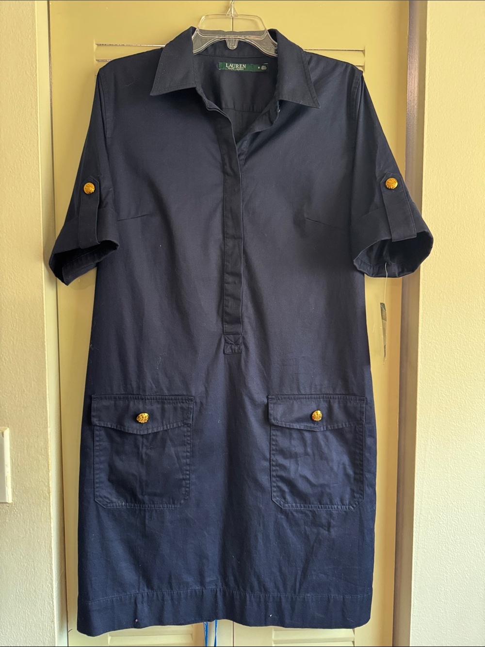 NWT Lauren Ralph Lauren Navy Short-Sleeve Shift Dress with Gold Buttons